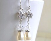 Wedding Jewelry Bridal Earrings CZ  Swarovski Ivory Pearl Silver Dangle Hook Earrings - Cynthia E12