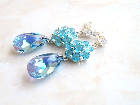 Wedding Jewelry Bridal Earrings Aquamarine Blue Cubic Zirconia Swarovski Crystal Stud Post Earrings - Edlyn E7