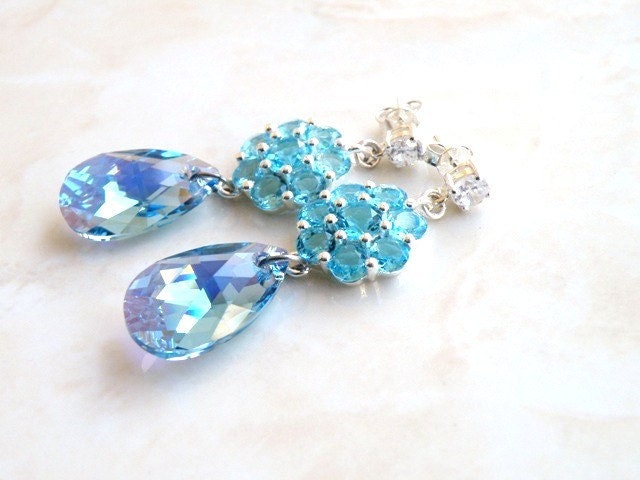 Wedding Jewelry Bridal Earrings Aquamarine Blue Cubic Zirconia Swarovski Crystal Stud Post Earrings - Edlyn E7