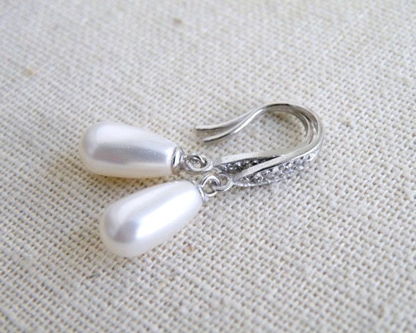 Bridal Earrings Swarovski White Pearl Cubic Zirconia Sterling Silver Dangle Earrings - Bella E4CZ Wedding Jewelry