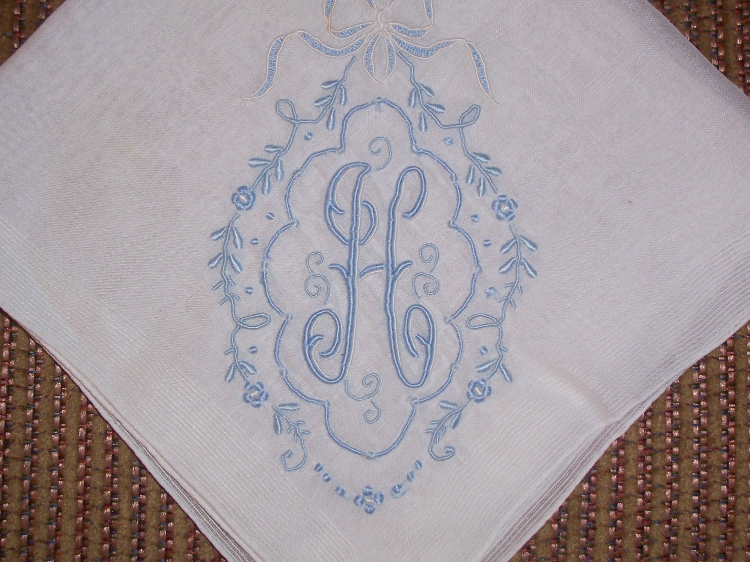 Vintage White Hanky with a Something Blue Initial H - Hankie Handkerchief