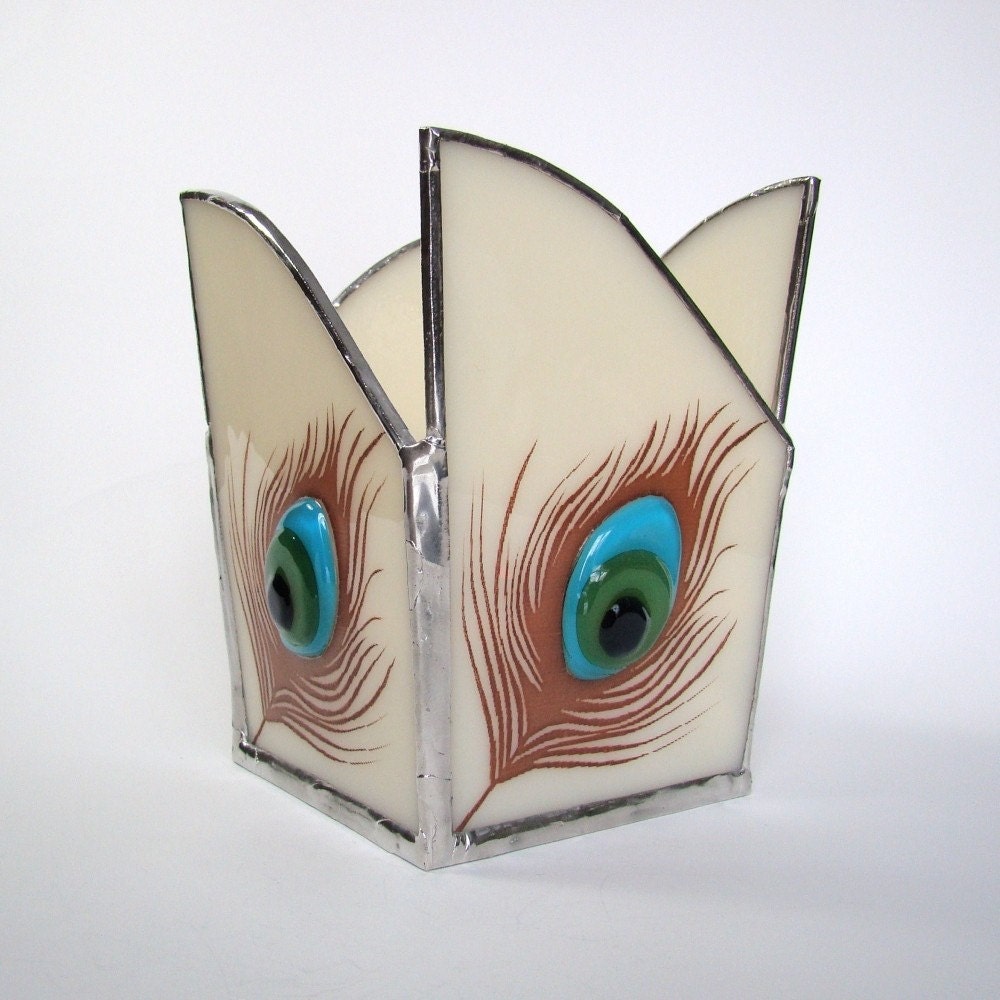 Peacock Feather Fused Glass Candle Holder Beige Aqua