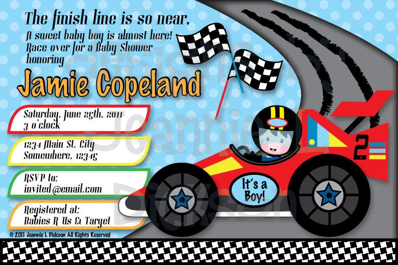 Race Car Invitation Birthday Baby Shower Boy  Custom BLUE or GREEN - uPrint JPG