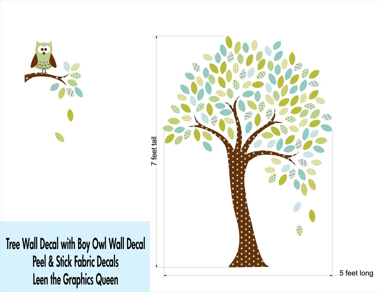 FREE NAME DECAL Tree Wall Decal with Boy Owl on Branch Fabric Reusable Wall Decal