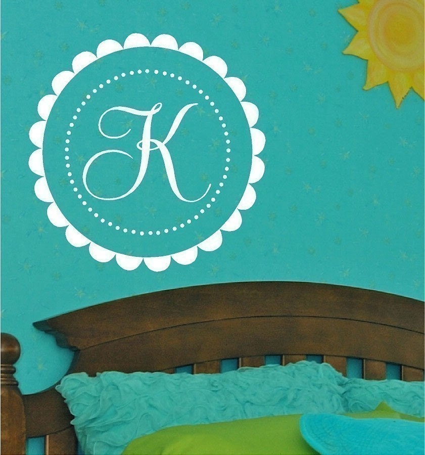 Monogram Vinyl Wall Decal Scalloped Circle with Dots