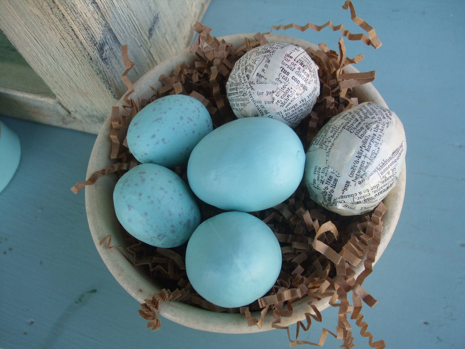 Eggs Hand Painted Aqua Decoupaged Set of 6 Farm Fresh Dictionary Pages