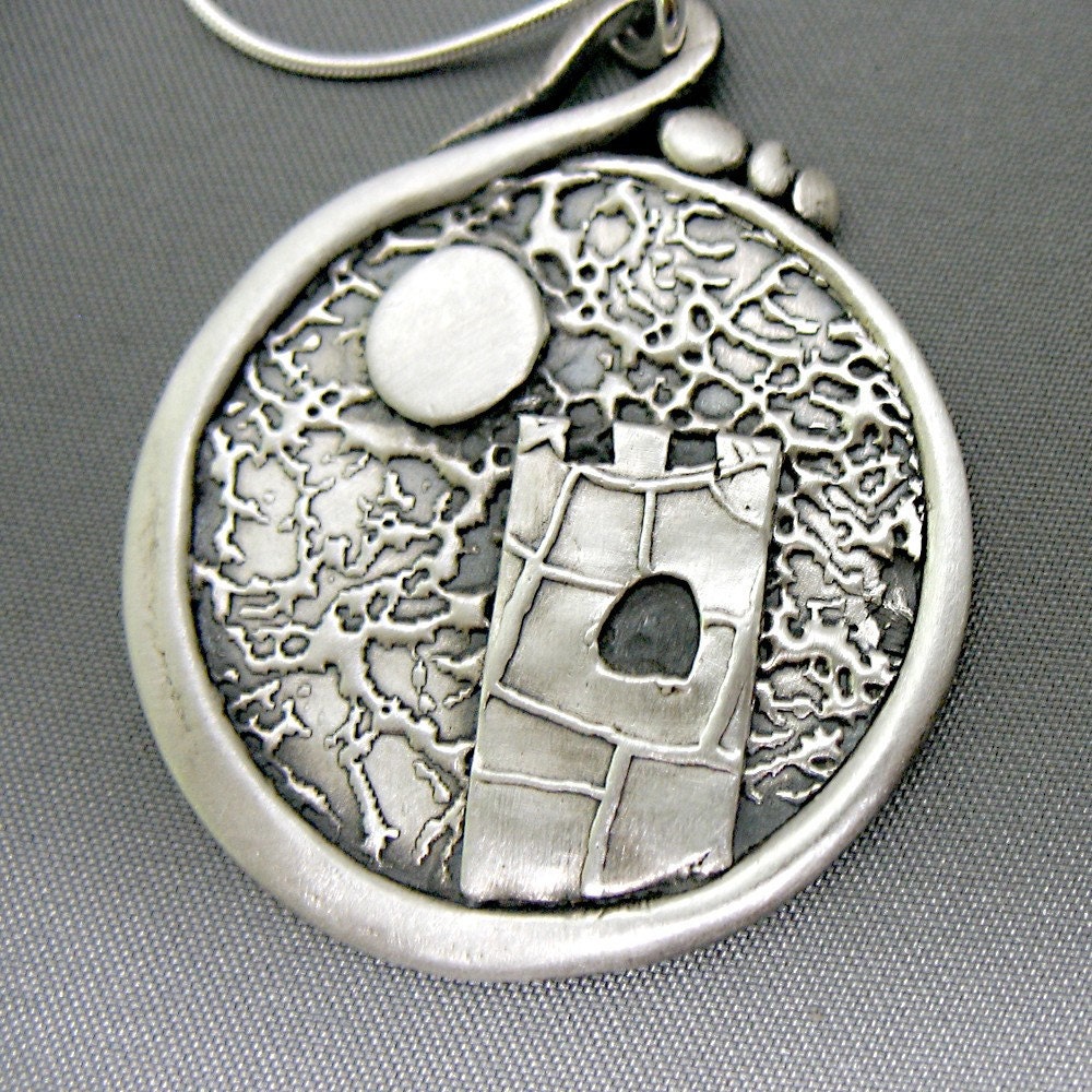 Round Fine Silver Pendant with Castle Tower and Full Moon