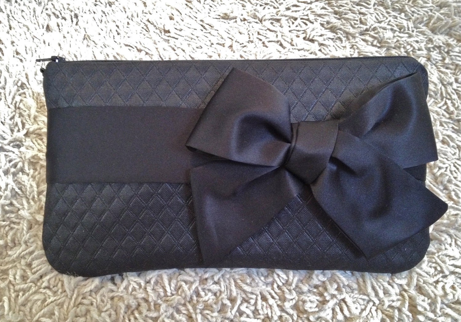 evening bag clutch in black quilted canvas and black bow - talia