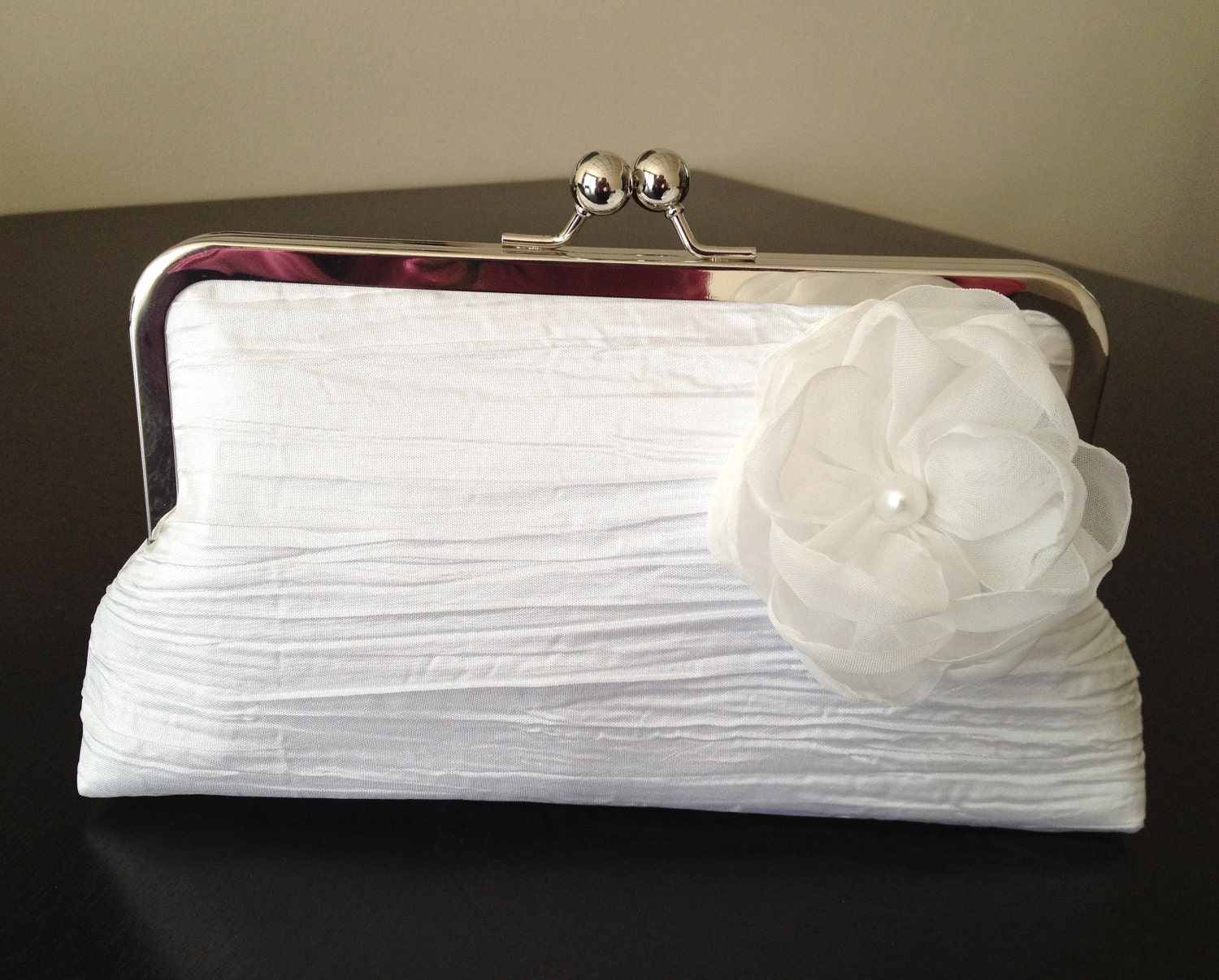 clutch purse with metal frame - brynn in bright white crunch with organza flower and pearls