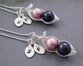 Set of 2 - 2 peas in a pod sterling silver personalized hand stamped initial charm necklace for brides, best friends, sisters and mothers