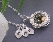Mother of bride gift - 3 eggs bird nest sterling silver personalized hand stamped initial necklace for brides, friends, sisters and mothers