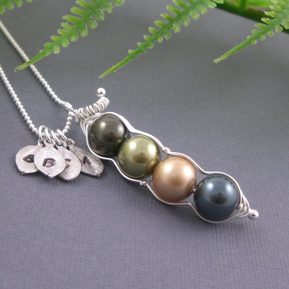 4 sweet peas in a pod sterling silver personalized hand stamped initial charm necklace for brides, friends, sisters and mothers