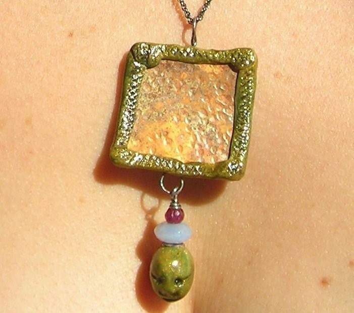 Metal Quest, necklace, polymer clay, handforged copper, ruby and chalcedony gemstone beads, handmade mixed media artist focal pendant on oxidized sterling silver chain, ancient metal art, the primitive line