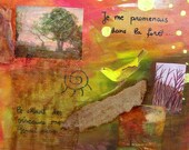 Forest Walk, original mixed media painting collage, yellow bird, promenade tree fall autumn texture snake skin gauze leaf French script word