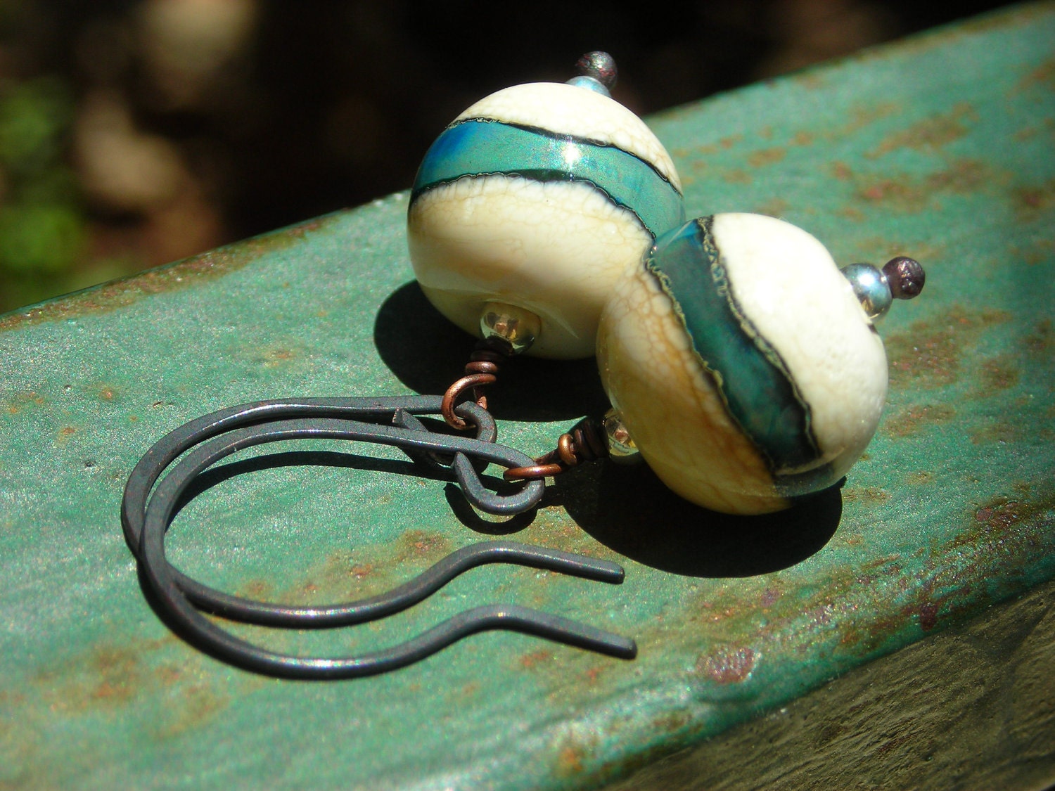 Blue Ivory Simplicity earrings, handmade artist lampwork beads handforged oxidized copper, sterling silver, rustic earrings earthy organic