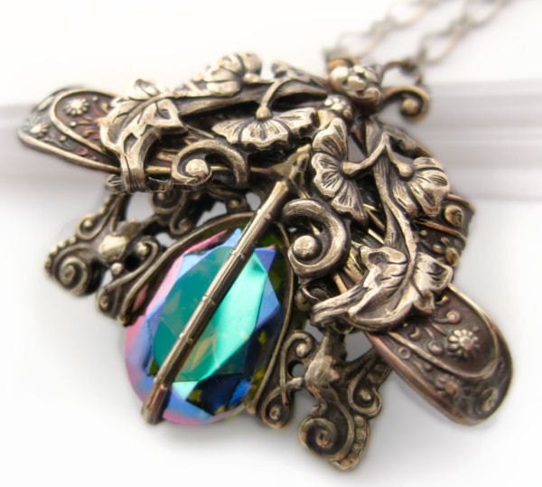 Dragonfly necklace, statement necklace, pendant vintage filigree fine jewelry aurora borealis