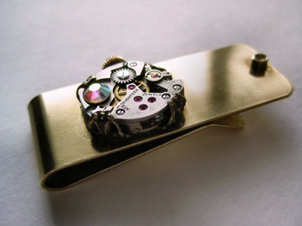 Steampunk money clip, vintage brass money clip for men, Time is Money