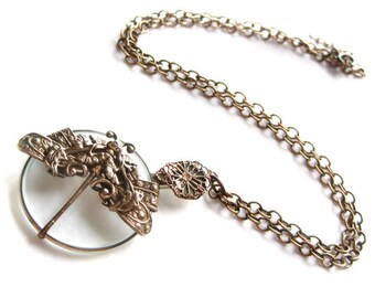 Steampunk jewelry, optical lens necklace with dragonfly on long brass chain, eco friendly pendant necklace