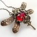 Dragonfly necklace, Victorian style original vintage filigree jewelry, red pendant necklace