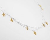 Two Toned Tiny Cross Necklace - 18 inch strand - 14k gold