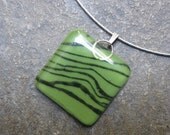 Fused Glass Pendant with Faux Bois Print, Black & Olive Green Pendant Necklace, Square pendant