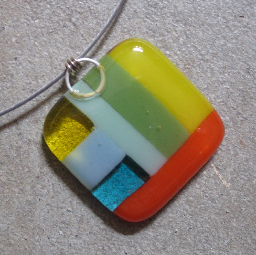 Fused Glass pendant, Color block in Spring Colors, Glass necklace
