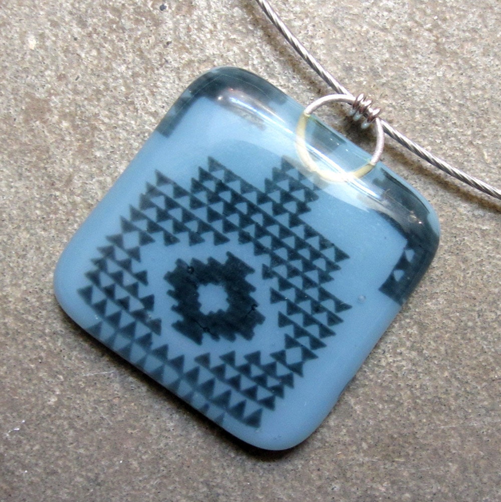 Tribal necklace, Powder blue glass pendant, Fused glass pendant necklace