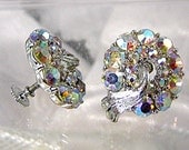 Vintage Aurora Borealis Rhinestone Earrings Signed Lisner