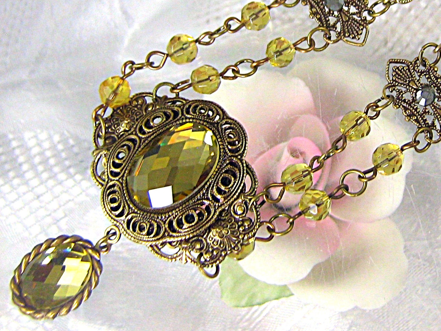 Victorian Style Antiqued Brass Necklace With Citrine Cabochon And Beads