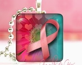 Glass Tile Pendant Necklace With Free Chain ( Breast Cancer Awareness Floral Ribbon )