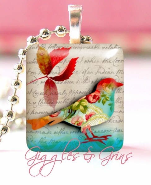 Glass Tile Pendant Necklace With Free Chain (Floral Bird)