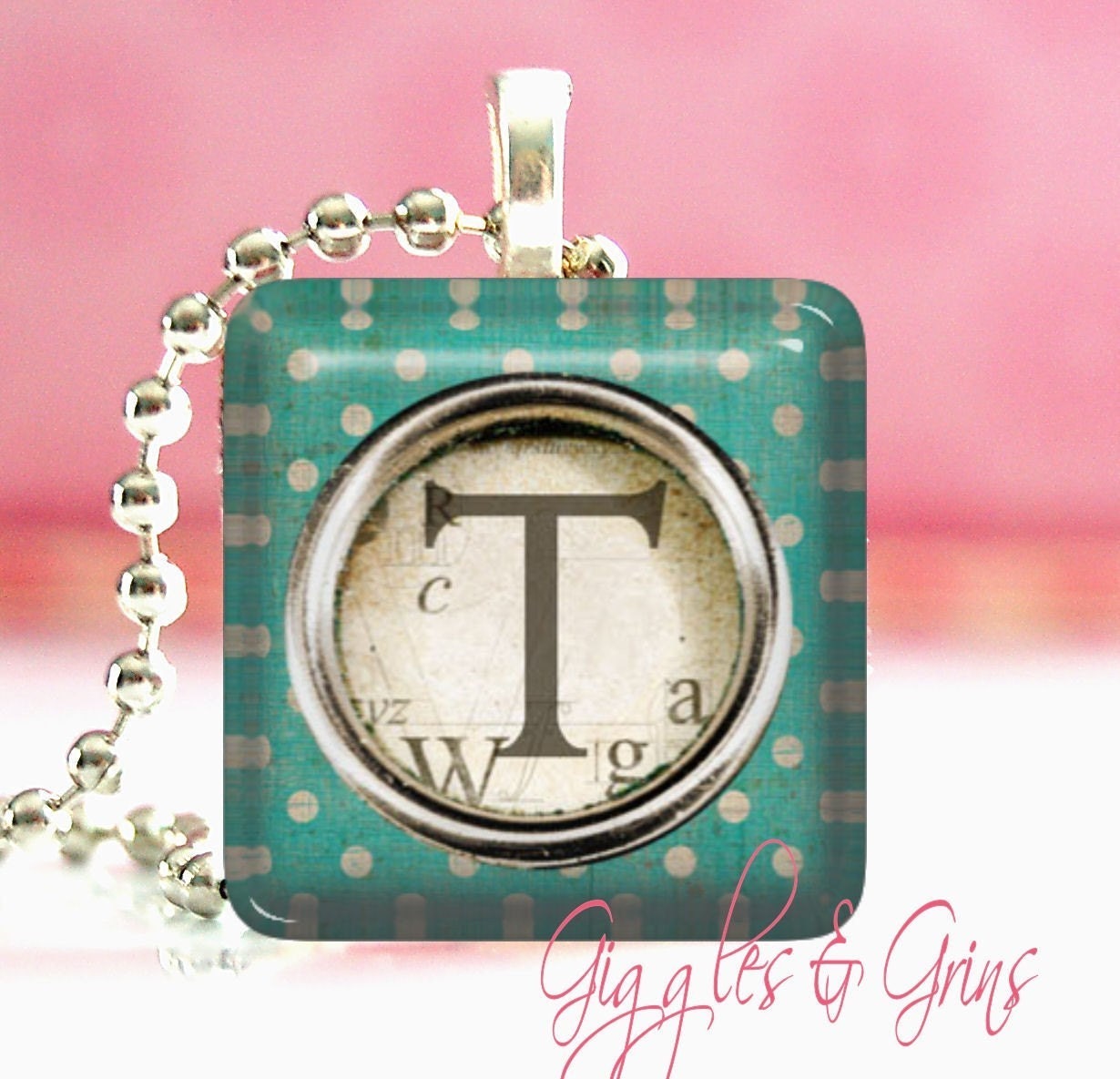 Glass Tile Pendant Necklace With FREE Chain ( Vintage Typewriter Initial Necklace T )