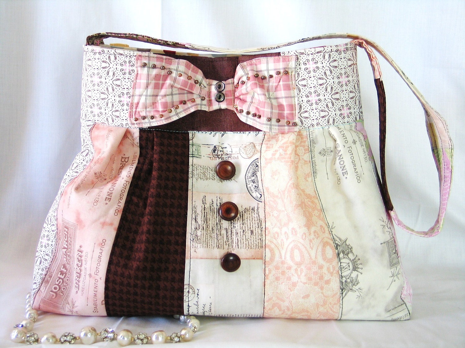 French Collage-Quilted-Patchwork -Purse-Vintage Wood Buttons -Pink -Chocolate-Brown,Shoulder bag-Diaper bag