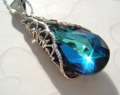 Vintage Inspired Filigree Wrapped Swarovski Bermuda Blue Teardrop Crystal Sterling Silver Necklace