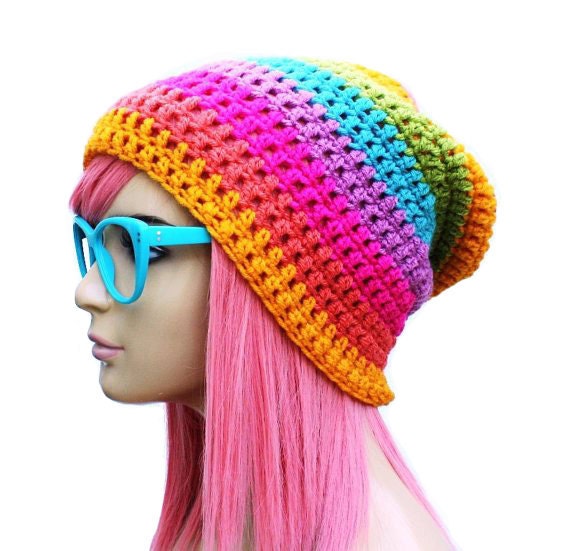 Rainbow Beanie - Crochet Slouch- Ultimate Slacker Striped Beanie Hat- Pride