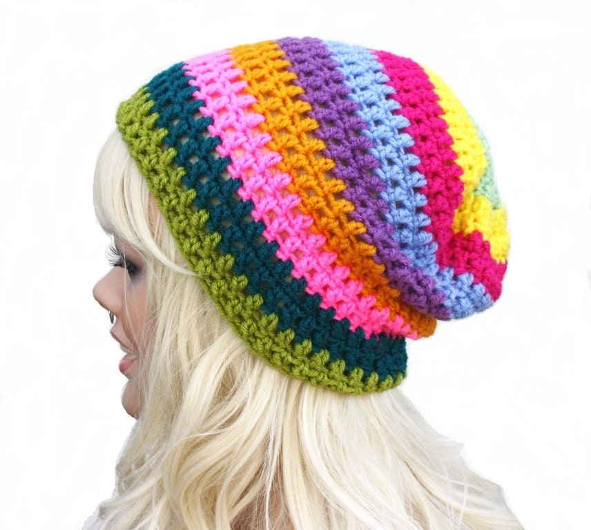 Crochet Slouch 'Eclectic Rainbow' Beanie- Ultimate Slacker Striped Beanie Hat
