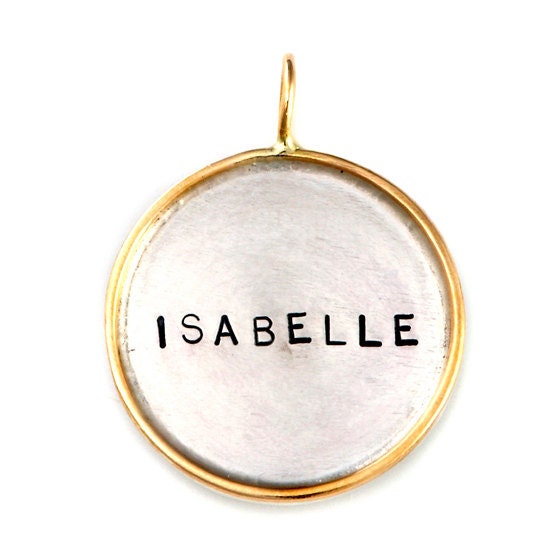 gold rim stamped pendant, personalized jewelry, custom name jewelry