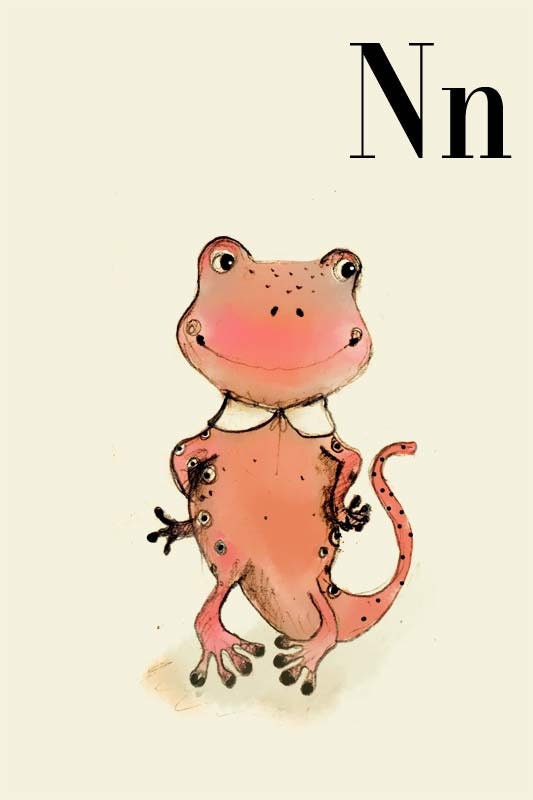 N for Newt, Alphabet animal,  Print 6x8 inches