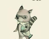 R for Raccoon  Alphabet animal,  Print 4x6 inches