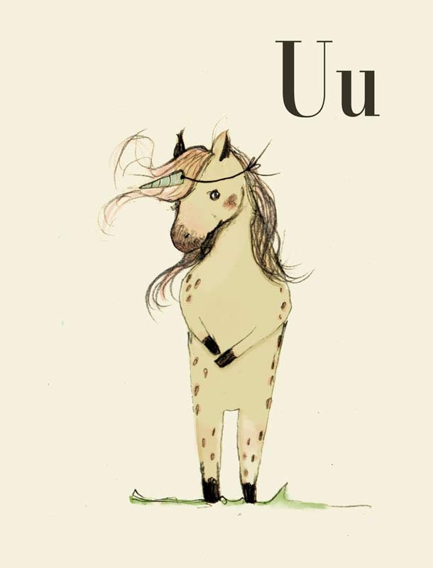 U for Unicorn   Alphabet animal,  Print 8x11 inches