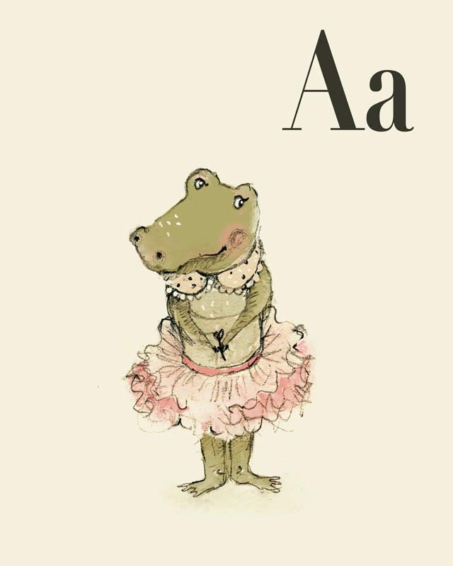 A for Alligator Girl, Alphabet animal,  Print 6x8 inches