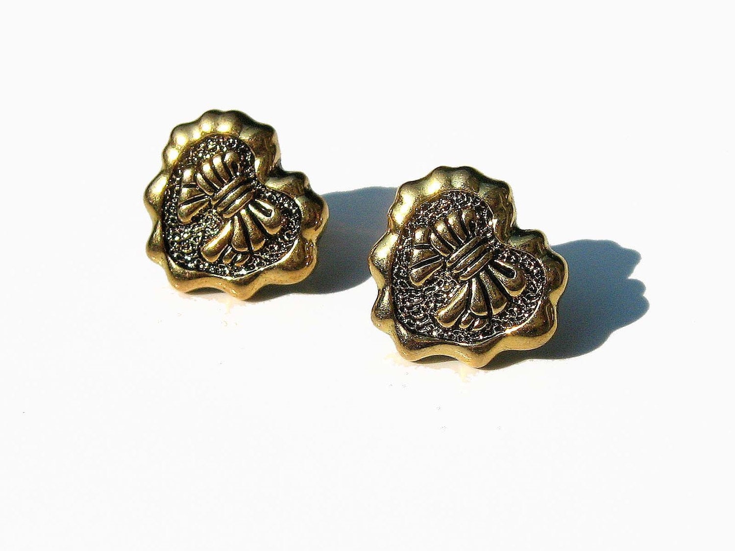 Gold Heart Stud Earrings, Vintage Inspired