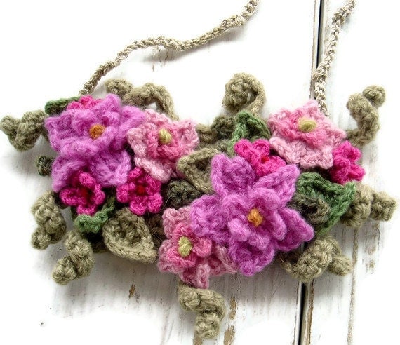 Crochet Bib Necklace in Hot Pink Flowers
