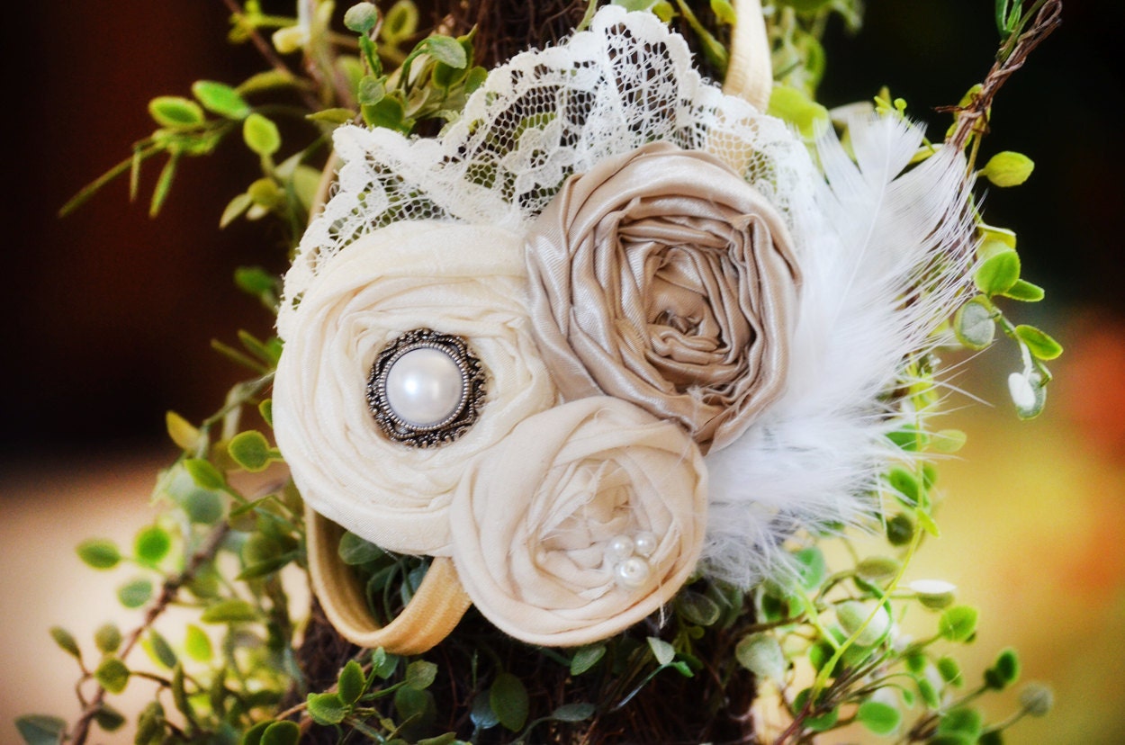 Flower Girl Headband, Vintage Headband,  Bridesmaids Headband Flower girl Headband, Feather and lace headband