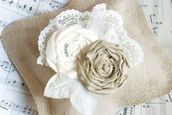 Rustic Burlap Wedding Ring Pillow  - Vintage Shabby Chic Country Wedding ring bearer pillow choose colors - vintage lace and silk rosettes