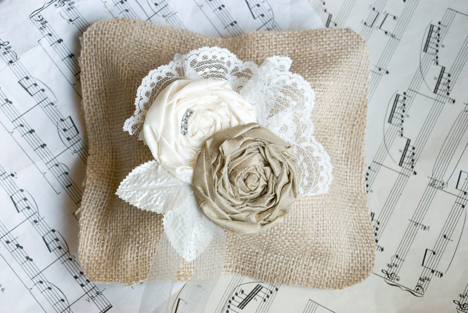 Rustic Burlap Wedding Ring Pillow  - Vintage Shabby Chic Country Wedding ring bearer pillow choose colors - vintage lace and silk rosettes