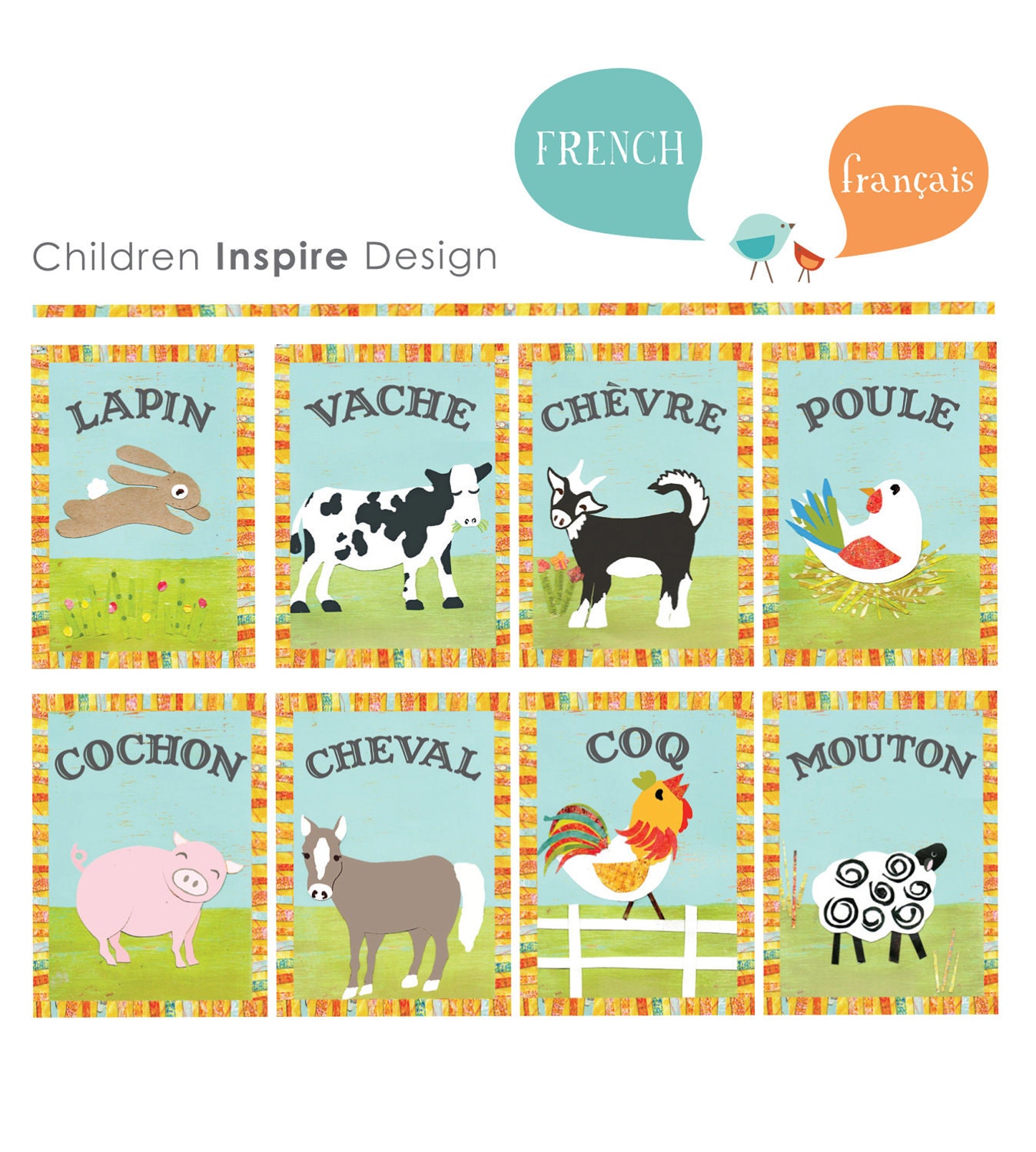 French Vintage Farm Animal 5x7 Children's Wall Cards