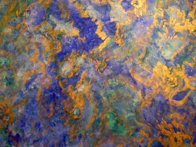 Water Flowers - Large Abstract Watercolor- 12x16 Metallic Watercolor -Watercolour - Cobalt Blue Green Turquoise Gold Metallic