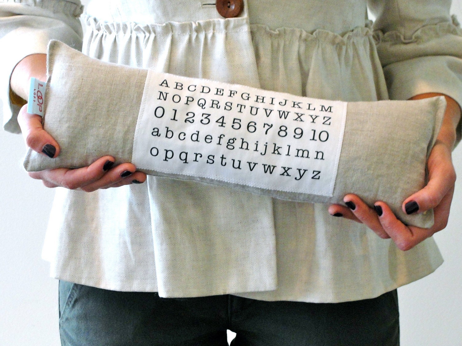 TYPEWRITER FONT linen pillow with alphabet and numbers. great gift for a teacher or student. handmade by lisa of looploft.