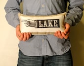 LAKE PILLOW. linen pillow with finger pointing to the lake. handmade by lisa of looploft.